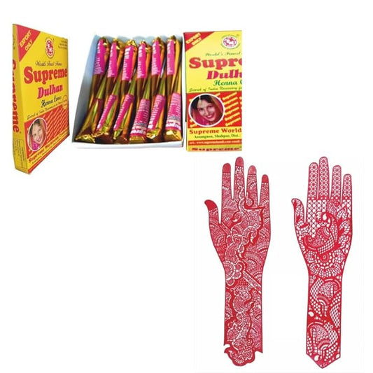 Henna Cone 12 Pcs + Temporary Tattoo Stencils Large Pair 1 Both Set Combo Pack